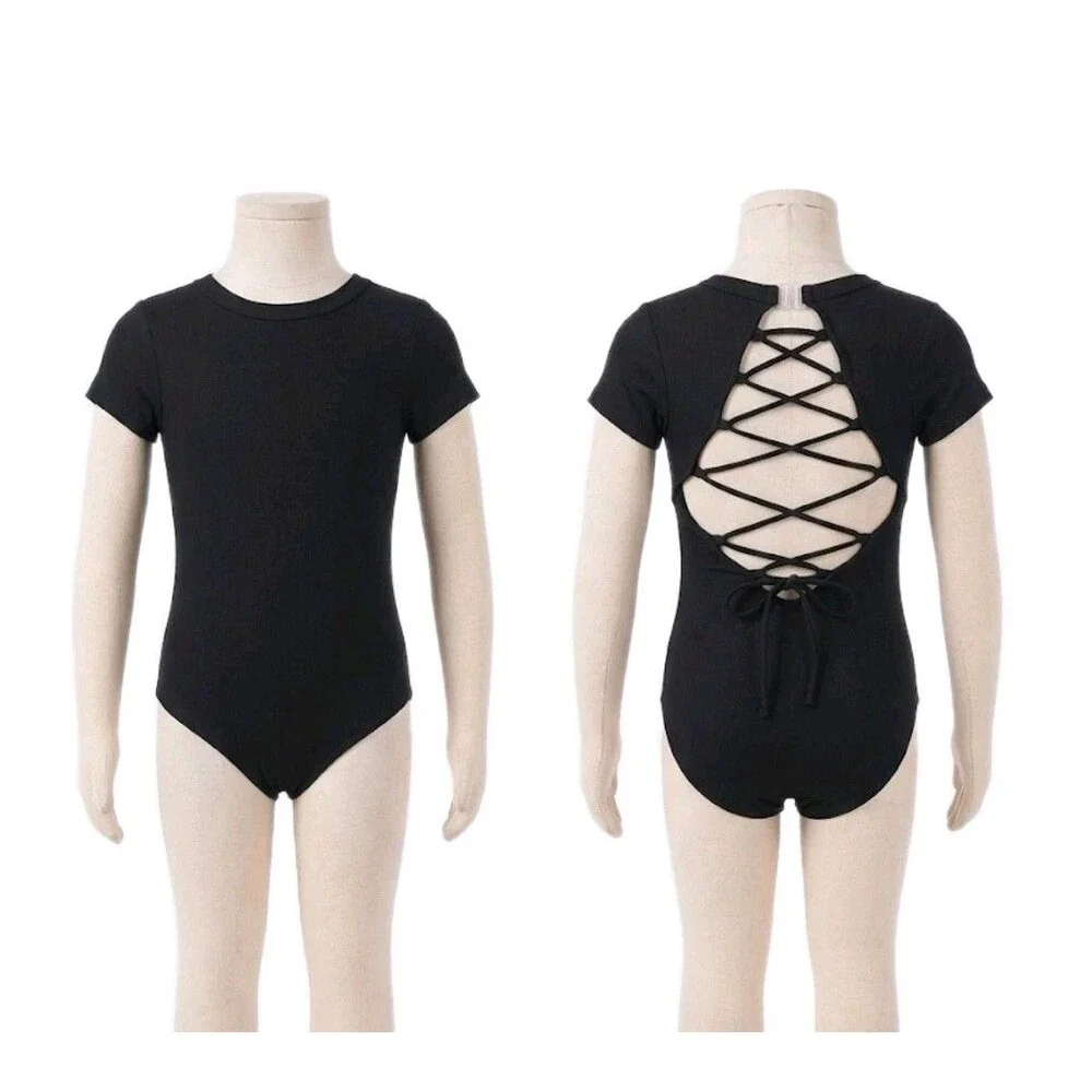 Aja Girls Crisscross Lace Up Cutout Open Back Short Sleeve Dance Leotard Youth